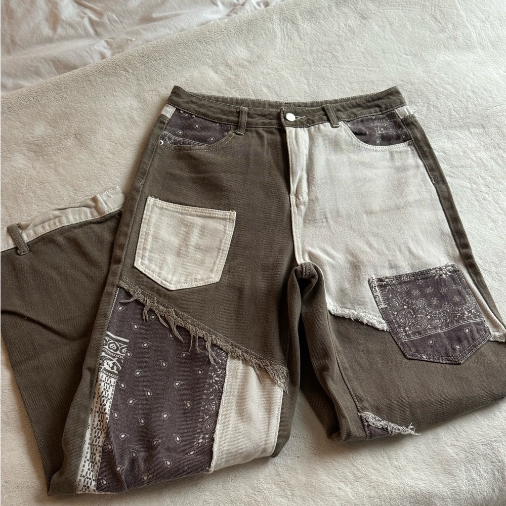 Baggy Patchwork Pants with Brown and Cream Accents